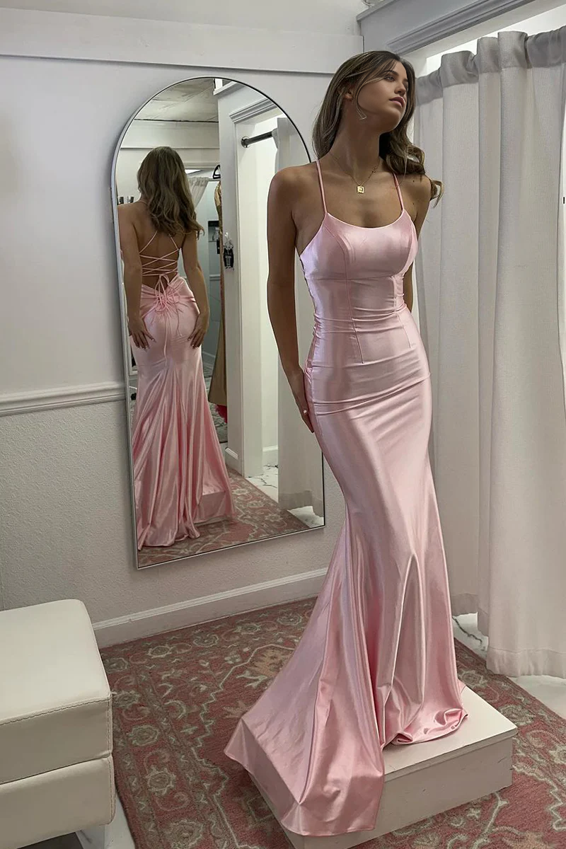 Mermaid Cute Scoop Neck Pink Satin Long Prom Dress